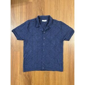 Lucky Brand Men's Medium Navy Knit Button Shirt Openwork Textured Short‎ Sleeve